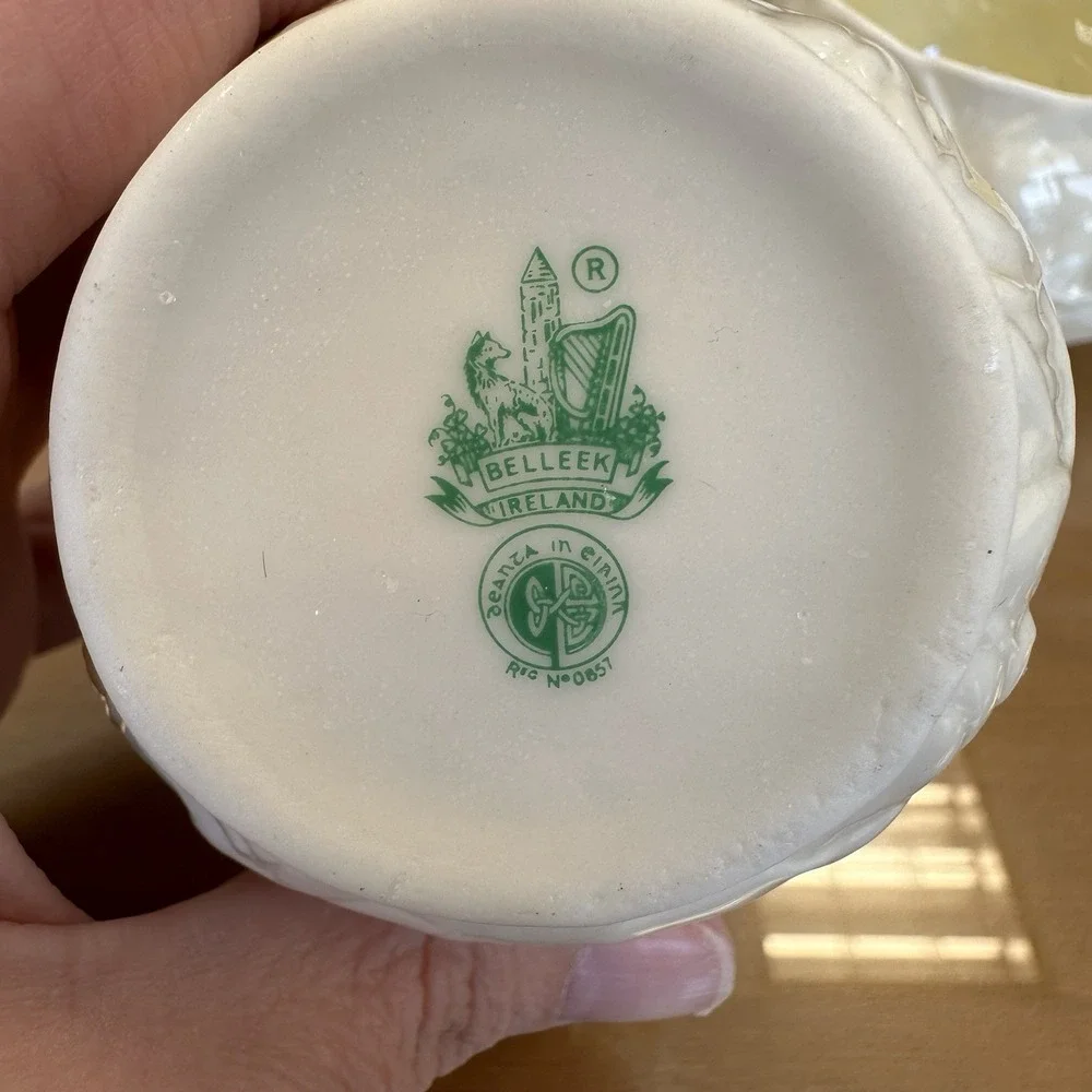 Antique Belleek Irish Porcelain Floral‎ Pattern Creamer & Sugar Dish Green Mark